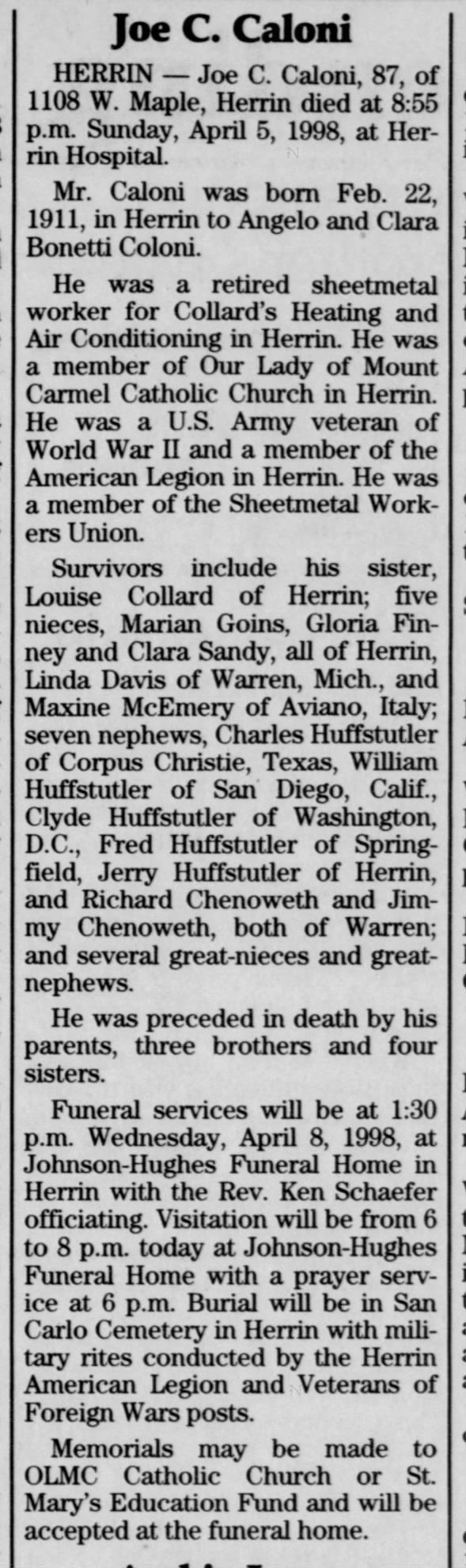 Joseph Caloni - Obituary